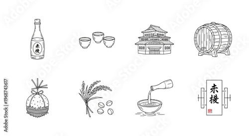 Japanese Sake Brewing Process Outline Vector Icon Set Traditional Rice Wine Production Symbols for Culinary Design