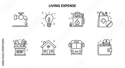 Monthly Household Expense Outline Icons Set for Personal Budgeting and Utility Payment Tracking, Living Cost Financial Planning Symbols, Rent Electricity Groceries Vector Graphic