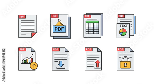 Modern PDF File Format Icons Set, Digital Document Handling Symbols, Professional File Management UI Vector Graphics, Flat Document Actions and Export Buttons