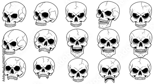 Skulls set with various cracked and angry expressions in black line art featuring illustrations, graphics, icons with symbols and death elements for
