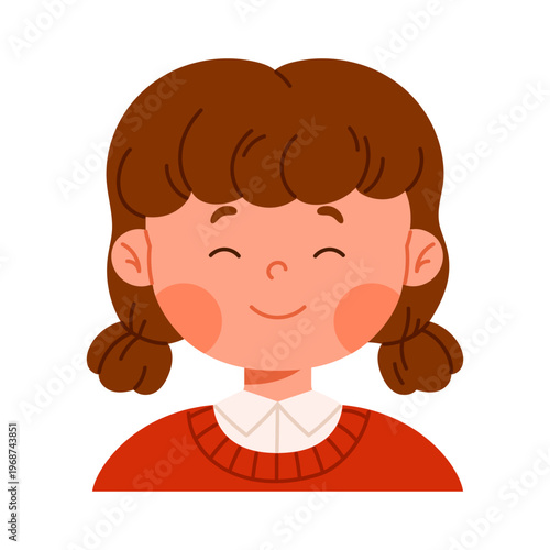 Cute calm smiling girl character with closed eyes. Peaceful and content facial expression concept. Friendly child avatar. Kid apps and emotion education concept. Isolated vector illustration