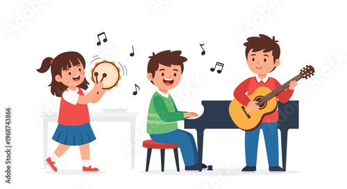 Flat style vector illustration of children learning music with instruments like guitar and piano, joyful classroom activity promoting creativity and artistic education