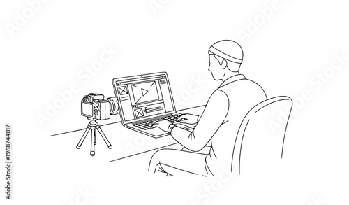 Content creator social media work outline vector illustration