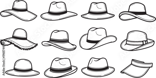 Various styles of men's formal hats in black and white line drawings Vector