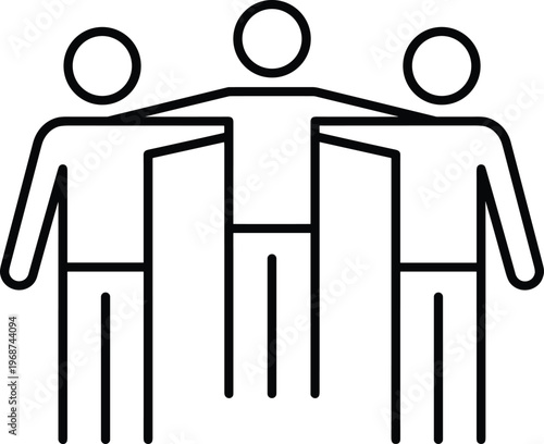 Minimalist outline vector illustration of three people standing together with arms around shoulders representing friendship teamwork unity support and strong community bond for business.