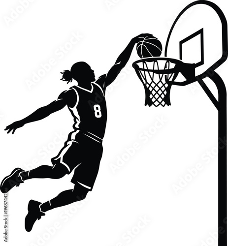 basketball player dunking ball into hoop vector illustration