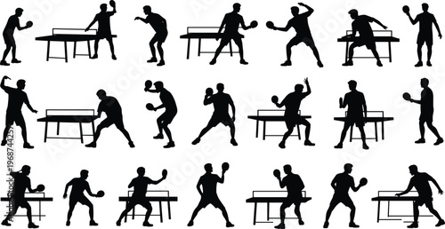 Table tennis silhouettes vector, ping pong players serving rallying, fast-paced sport illustration, athletic motion design, indoor game decor icons