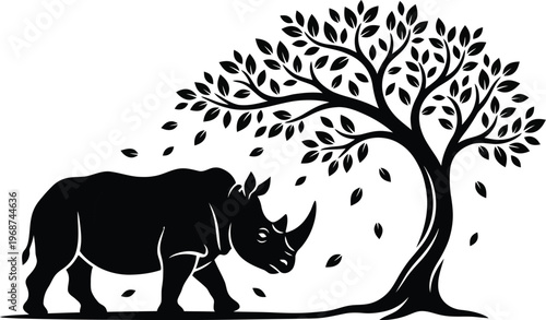 rhinoceros walking under tree with falling leaves vector illustration