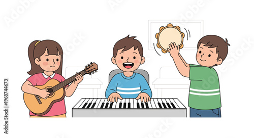 Flat style vector illustration of children learning music with instruments like guitar and piano, joyful classroom activity promoting creativity and artistic education