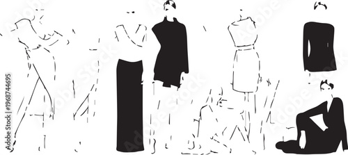 Set of 6 Fashion Model Poses Vector Illustrations isolated PNG with Transparent Background