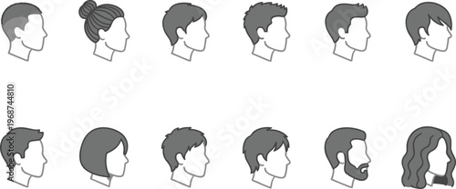 Flat Vector Icon Set of Diverse Male and Female Hairstyles Including Undercut Bun Bob Curly Hair and Groomed Beard Isolated on White Background