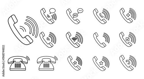 Phones set with various icons and signals in line art style featuring communication, technology, wireless with connection and network elements for
