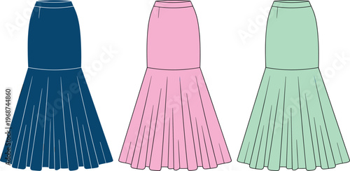 Three pastel pleated skirts in blue pink and mint green displayed side by side fabric