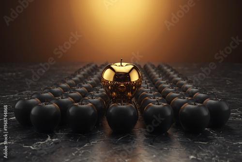 AI Generative Artistic Concept Featuring a Central Golden Apple Surrounded by Black Spheres on a