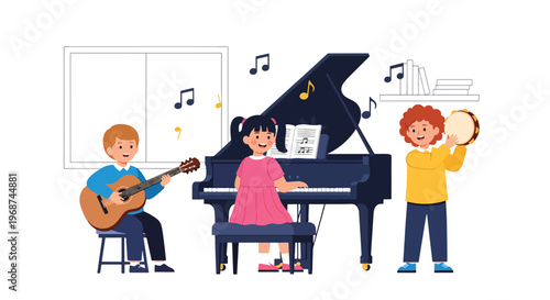 Flat style vector illustration of children learning music with instruments like guitar and piano, joyful classroom activity promoting creativity and artistic education