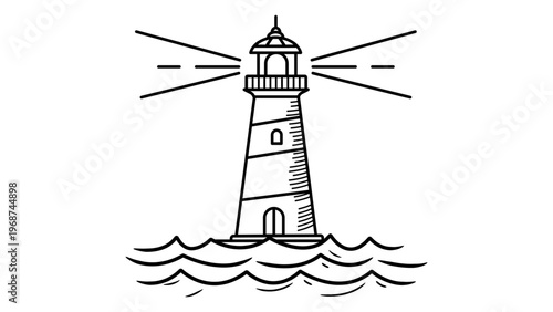 Minimalist black line vector icon illustration of a lighthouse beacon standing amidst sea waves, featuring a hand-drawn outline style on a white background for nautical navigation and coastal themes.
