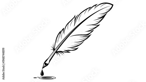 Minimalist black line vector icon of a classic feather quill pen with an ink drop and puddle, hand-drawn illustration on a white background for literature, writing, history, and creative design.