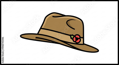 A cartoon illustration of a brown fedora hat with a ladybug pin on the band