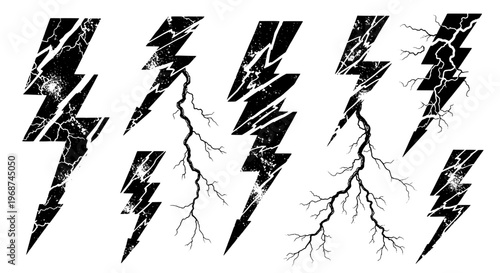 Lightning bolts graphic set with black cracked and broken textures and electricity effects featuring crack, texture, collection with icons and