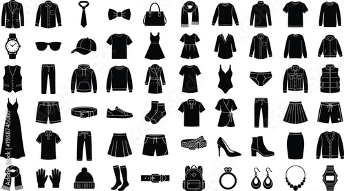 Black clothiMega Collection of Fashion Apparel and Clothing Accessories Icons Featuring Black Silhouette Garments Shoes Jewelry and Bags Isolated on White Background for Retail Graphic 