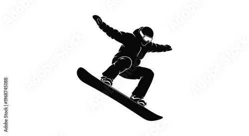 A dynamic black silhouette depicts a snowboarder mid air performing a trick on a snowy slope silhouette high quality professional detailed modern