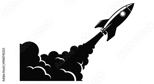A dynamic black silhouette of a rocket launching with fiery exhaust plumes against a bright white background silhouette high quality professional