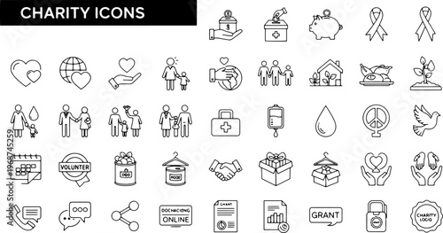 Black and white charity icons set.