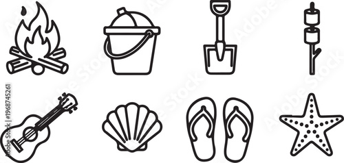 A collection of eight line drawings depicting various kitchen tools and utensils Vector