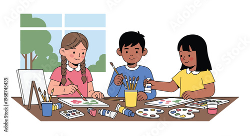 Flat style vector illustration of children painting with brushes and colors in art class, expressing creativity and imagination in school learning environment