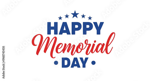 Happy Memorial Day greeting with blue stars and red white text.