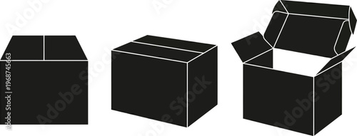 three black cardboard boxes in different states vector illustration