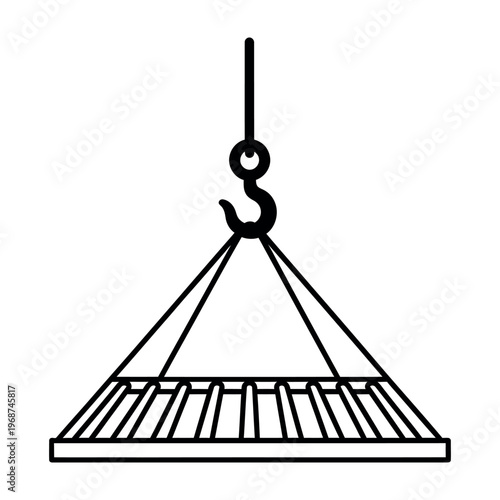 Simple black line icon of a crane hook lifting a heavy load.
