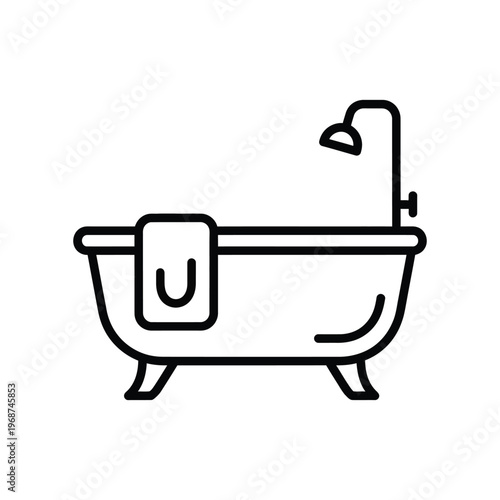 Minimalist black line icon of a classic clawfoot bathtub with a shower head and a towel, ideal for bathroom interior design, hygiene branding, and home wellness concepts.