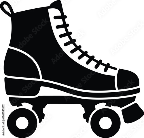 Black and white vector graphic illustration of a roller skate