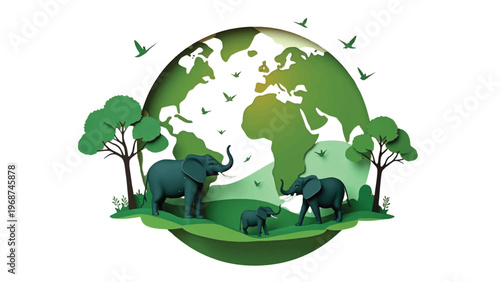 Eco friendly globe with elephants, green earth illustration, environmental conservation icon, vector graphics