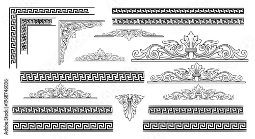 Borders ornate set with greek key and floral patterns in black and white line art featuring decorative frames, design elements, vector graphics with