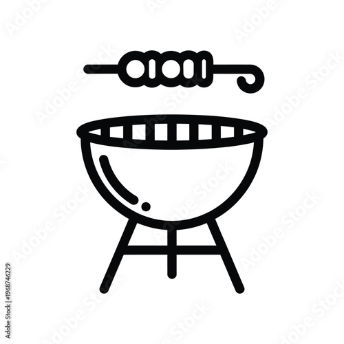 Minimalist black line icon of a charcoal kettle grill with a shish kebab skewer, perfect for outdoor summer barbecue, picnic menus, and backyard cooking concepts.
