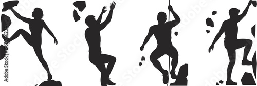 Dynamic silhouettes of four individuals engaged in rock climbing, demonstrating various grips and ascents on textured rock formations