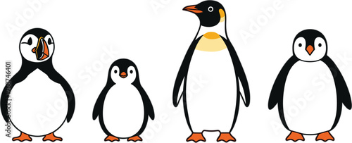 Cute Penguin Family Set with Different Poses and Expressions Cartoon Style Animal Characters Collection Isolated on White Background