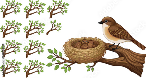 Bird Nest Scene with Mother Bird and Baby Chicks Tree Branch Elements Nature Illustration Set Cartoon Style Vector Collection Isolated
