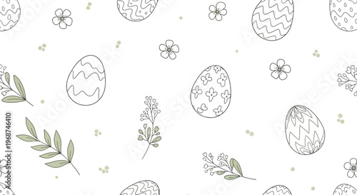 Delicate flat lay showcases a spring floral Easter pattern set featuring hand-drawn style bunny and egg illustrations mixed with rose and flower icons, rendered in a clean, modern design