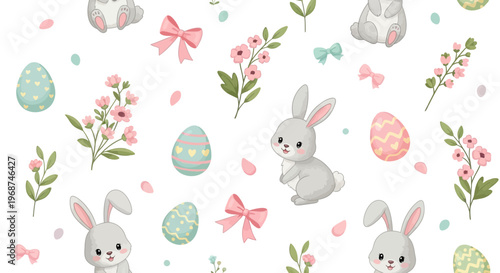 A vibrant Easter seamless pattern features bunnies, eggs, and floral elements on a white background, displaying a colorful array of pastel colors and delicate details suitable for wrapping