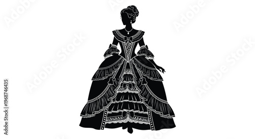 An elegant ornate depiction of a woman in a historical gown showcasing detailed clothing and a striking silhouette high quality professional