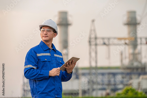 Foto Asian male electrical engineer holding digital tablet standing at power plant station