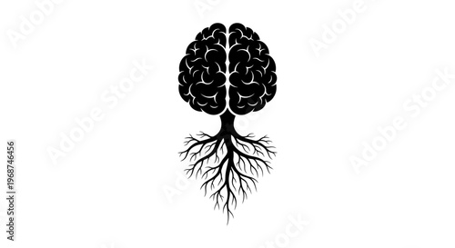 Brain with roots symbolizing knowledge and growth.