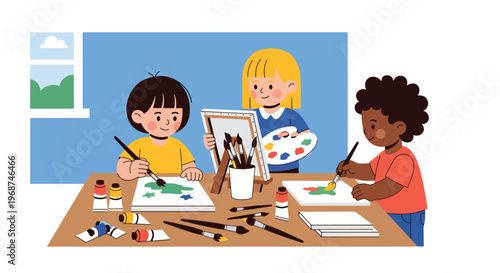Flat style vector illustration of children painting with brushes and colors in art class, expressing creativity and imagination in school learning environment