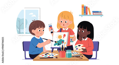 Flat style vector illustration of children painting with brushes and colors in art class, expressing creativity and imagination in school learning environment