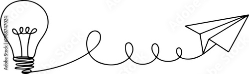 bulb with paper plane continuous one line drawing, Paper plane flying up connected with light bulb in one continuous line drawing, Idea with bulb and paper plane, Light bulb and Paper plane single