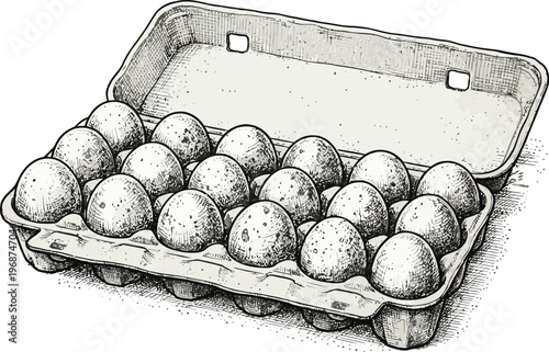 opened carton of eggs with one egg outside vector illustration