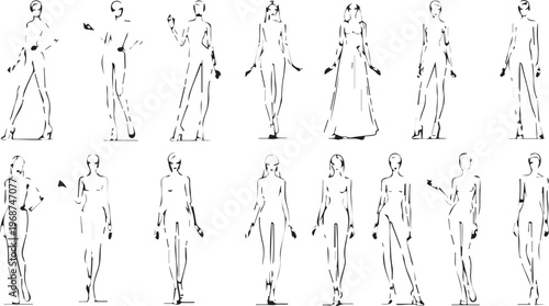 Set of 16 Fashion Model Poses Vector Illustration isolated PNG with Transparent Background